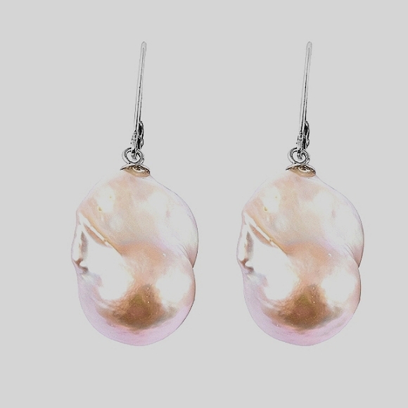 Sterling Silver Organic Shape Baroque Pearl Drop Leverback Earrings~ Handmade - Picture 2 of 4